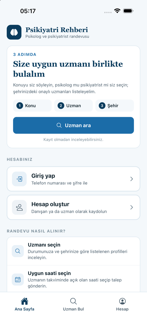 Psikiyatri Rehberi — home screen